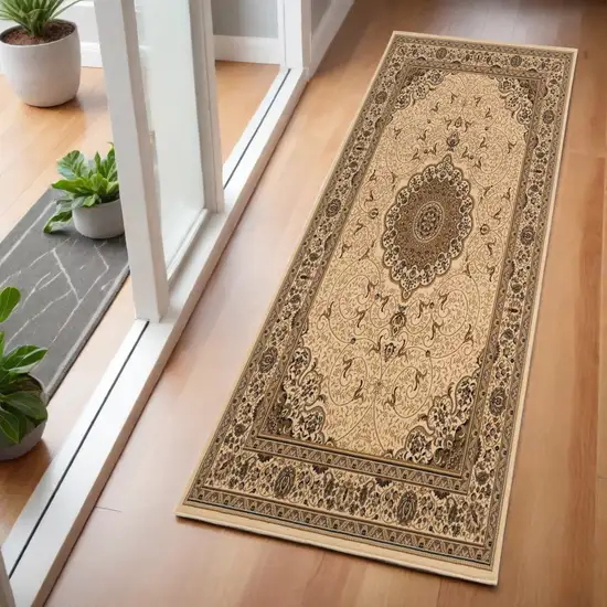 Beige And Cream Oriental Runner Rug Photo 1