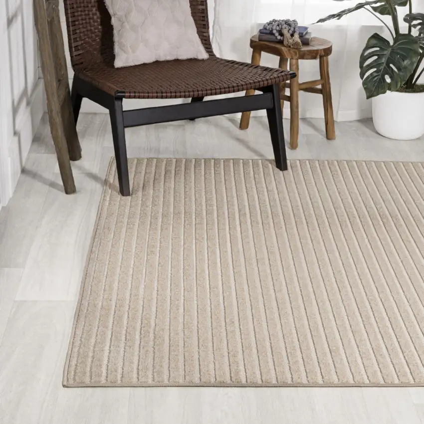 Beige And Cream Striped Indoor Outdoor Area Rug Photo 6