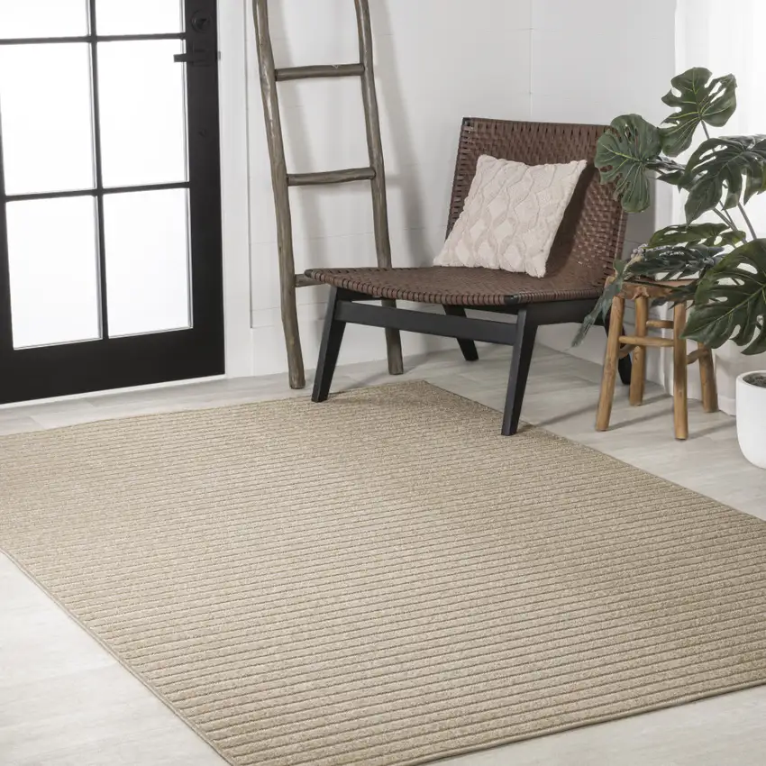 Beige And Cream Striped Indoor Outdoor Area Rug Photo 8