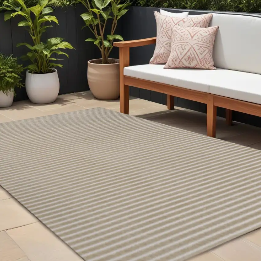 Beige And Cream Striped Indoor Outdoor Area Rug Photo 1