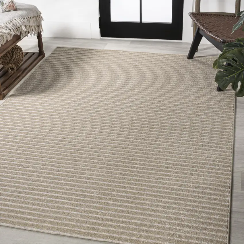 Beige And Cream Striped Indoor Outdoor Area Rug Photo 5