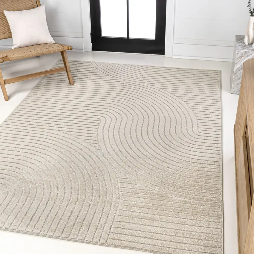 Beige And Cream Striped Indoor Outdoor Area Rug Photo 3
