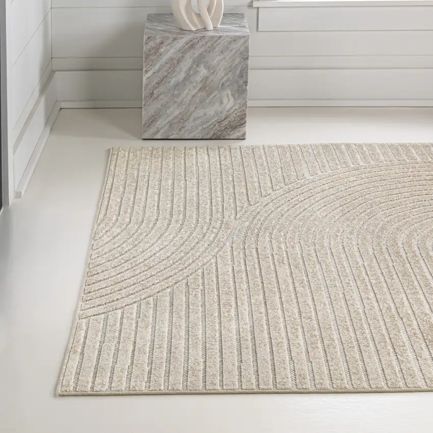 Beige And Cream Striped Indoor Outdoor Area Rug Photo 4