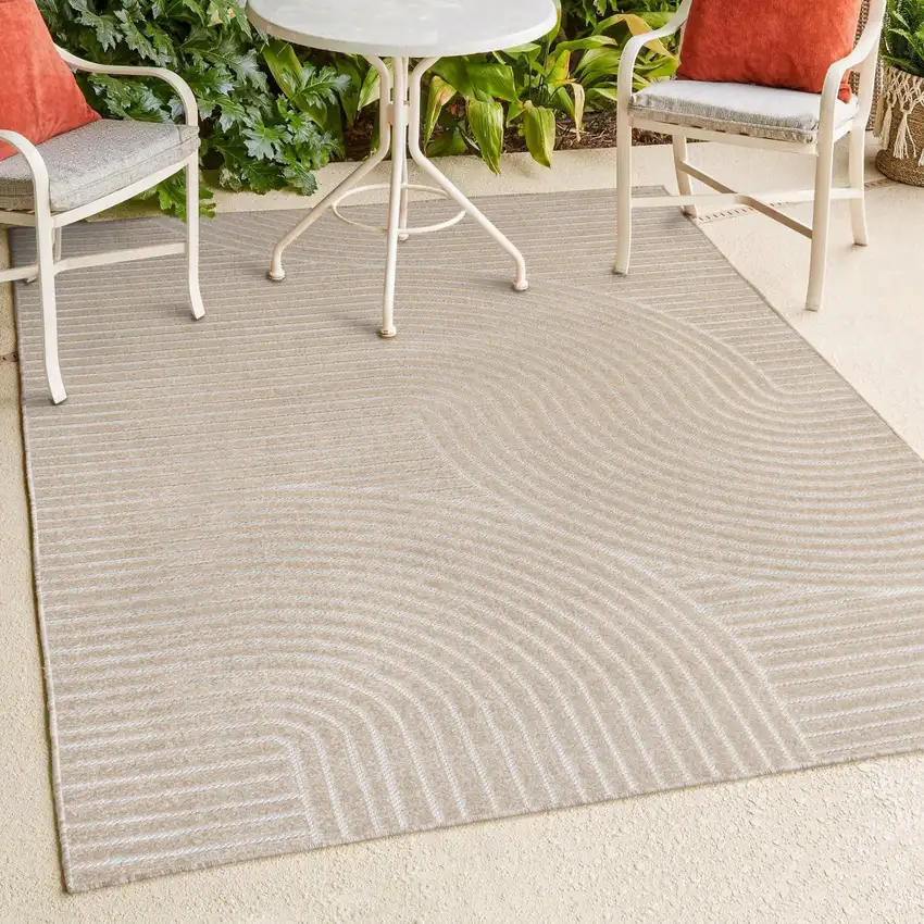 Beige And Cream Striped Indoor Outdoor Area Rug Photo 7