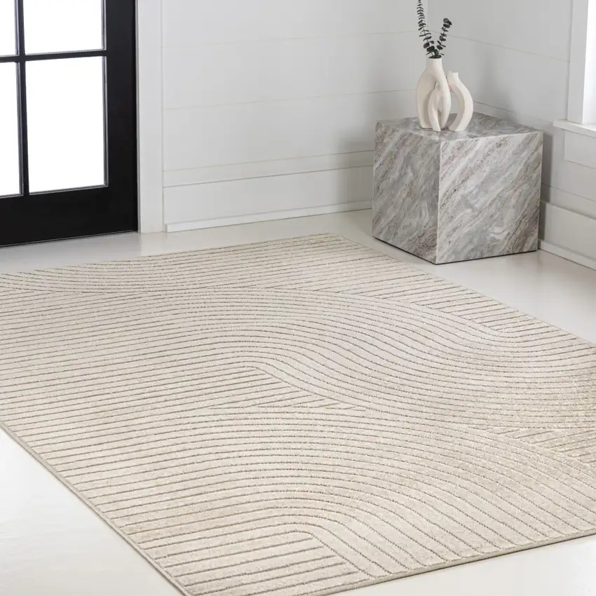 Beige And Cream Striped Indoor Outdoor Area Rug Photo 6