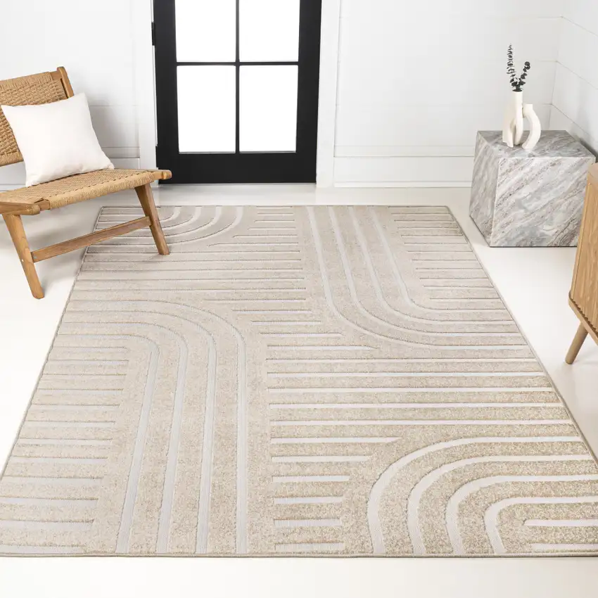 Beige And Cream Striped Indoor Outdoor Area Rug Photo 7