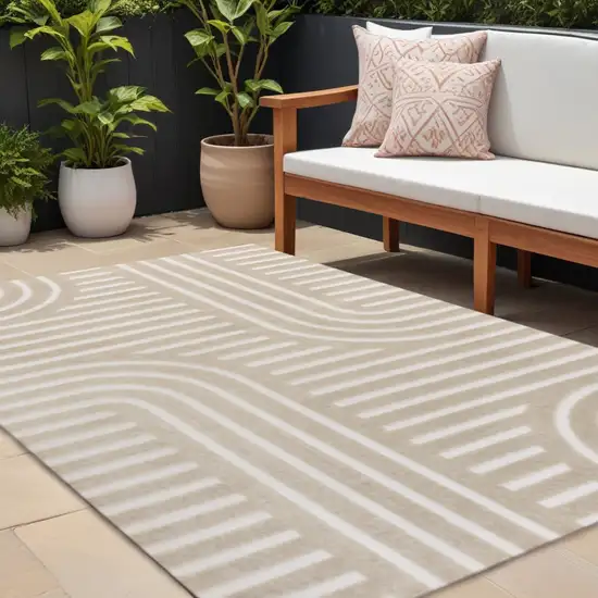 Beige And Cream Striped Indoor Outdoor Area Rug Photo 1