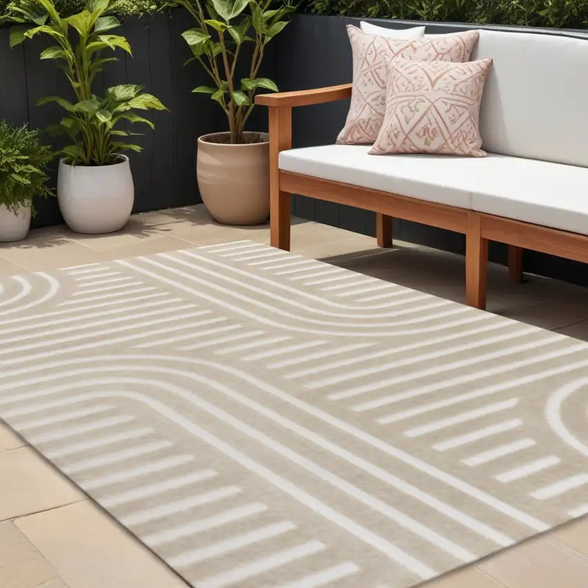 Beige And Cream Striped Indoor Outdoor Area Rug Photo 1