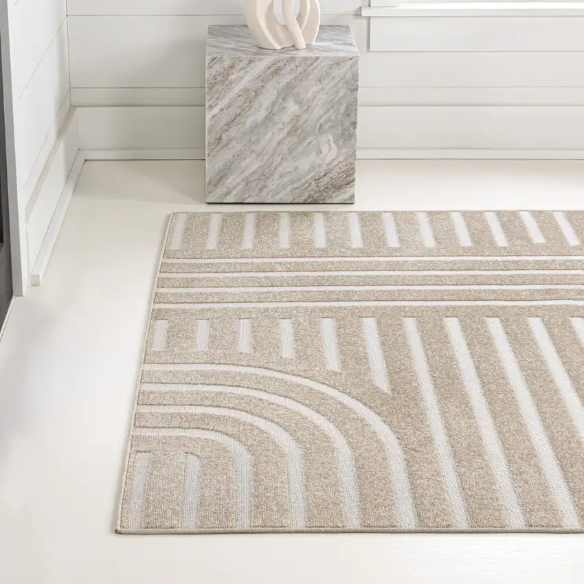 Beige And Cream Striped Indoor Outdoor Area Rug Photo 6