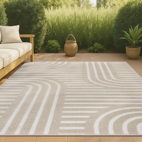 Beige And Cream Striped Indoor Outdoor Area Rug Photo 4
