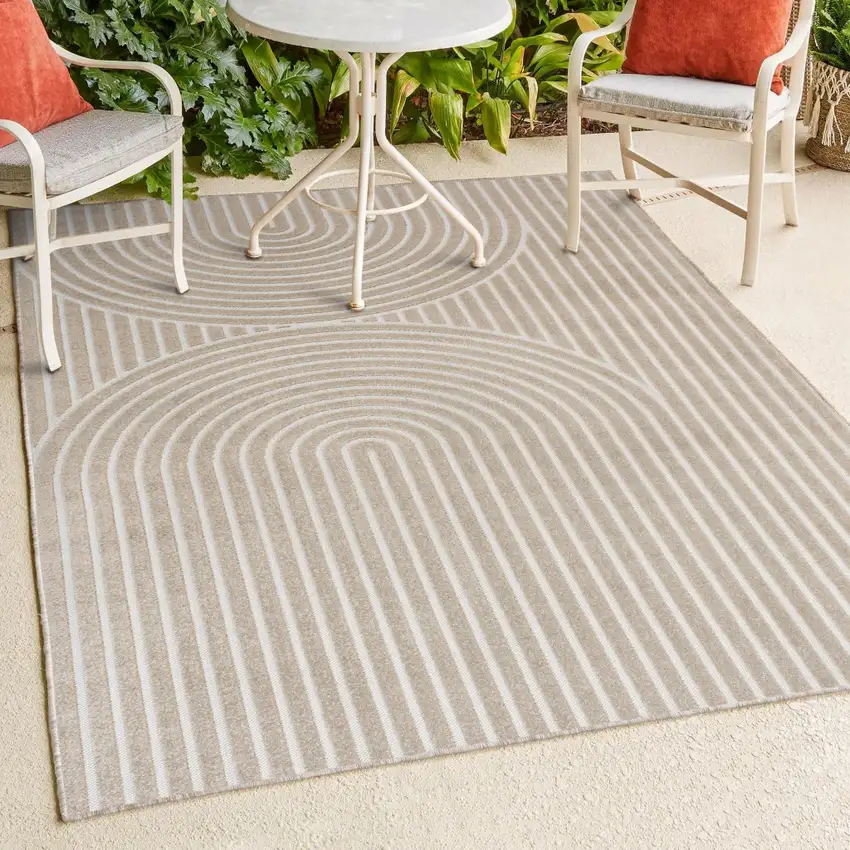 Beige And Cream Striped Indoor Outdoor Area Rug Photo 9