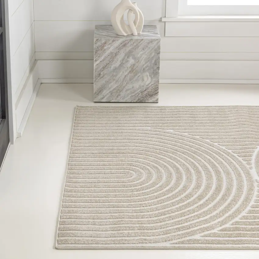 Beige And Cream Striped Indoor Outdoor Area Rug Photo 6