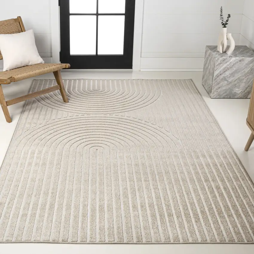 Beige And Cream Striped Indoor Outdoor Area Rug Photo 7
