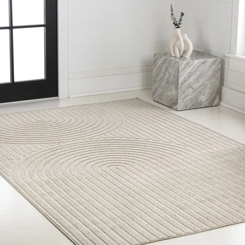 Beige And Cream Striped Indoor Outdoor Area Rug Photo 8