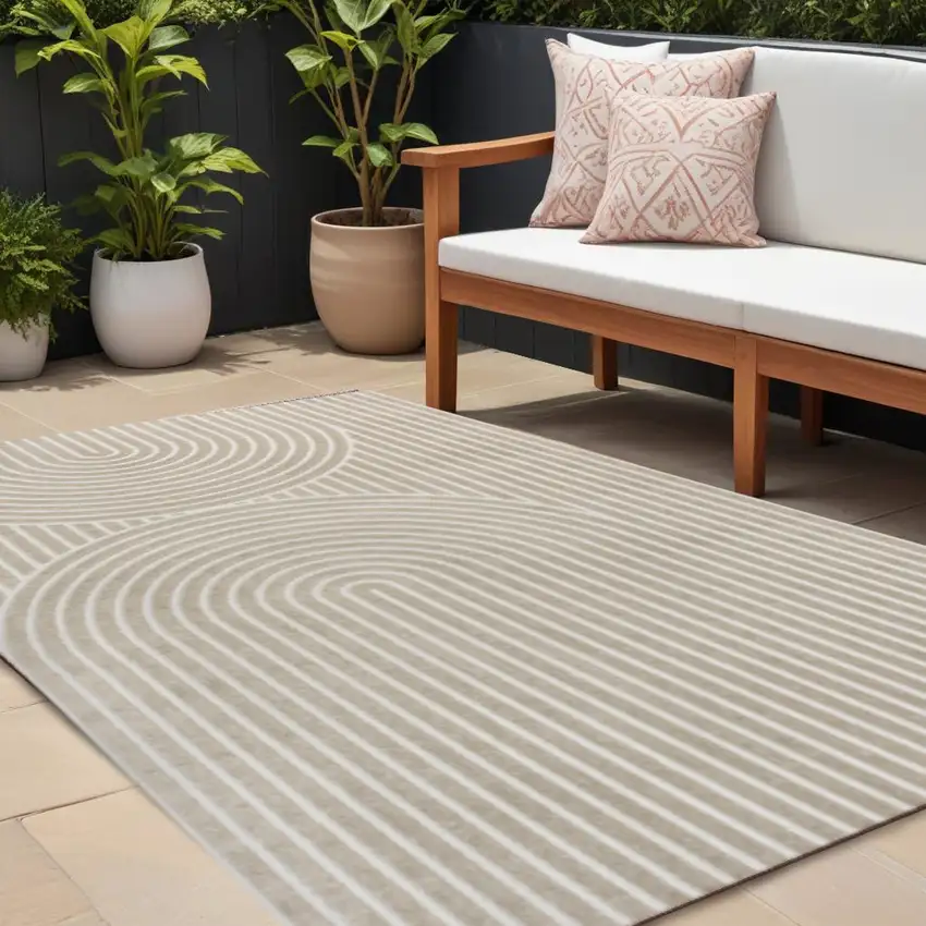 Beige And Cream Striped Indoor Outdoor Area Rug Photo 1