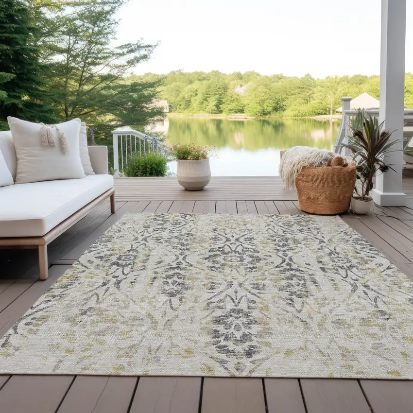 Beige And Dark Gray Floral Washable Indoor Outdoor Area Rug Photo 9
