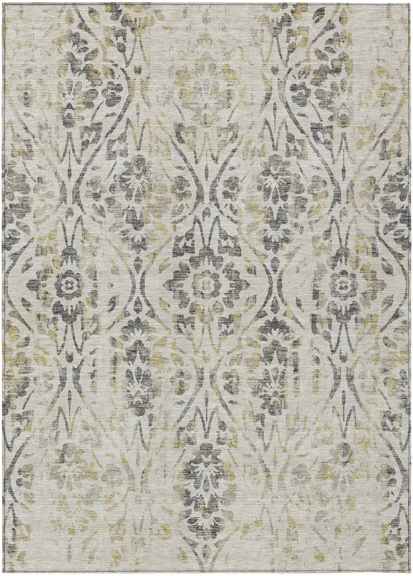 Beige And Dark Gray Floral Washable Indoor Outdoor Area Rug Photo 2