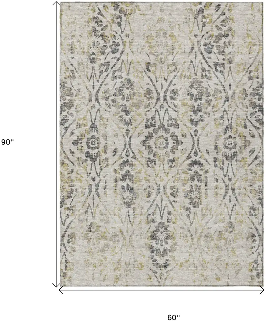 Beige And Dark Gray Floral Washable Indoor Outdoor Area Rug Photo 3