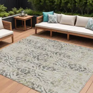Photo of Beige And Dark Gray Floral Washable Indoor Outdoor Area Rug