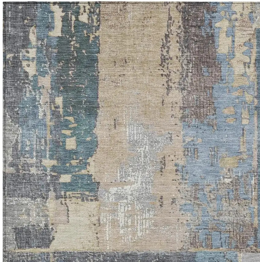 Beige And Denim Blue Abstract Washable Indoor Outdoor Area Rug Photo 3