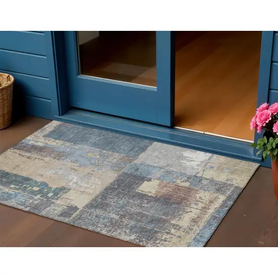Beige And Denim Blue Abstract Washable Indoor Outdoor Area Rug Photo 2