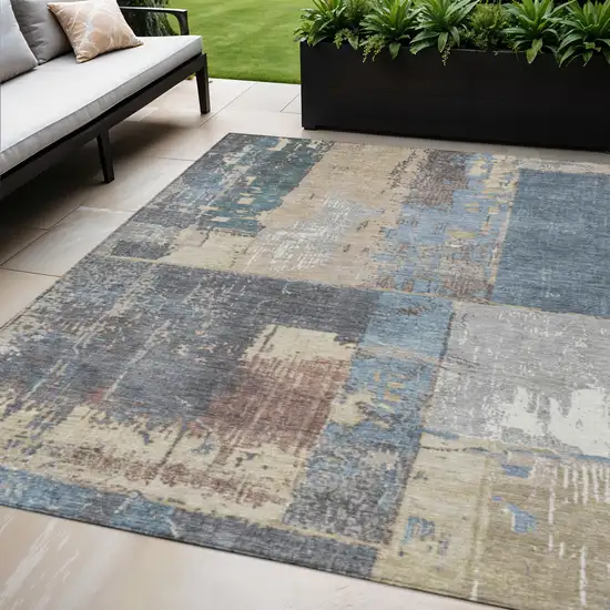 Beige And Denim Blue Abstract Washable Indoor Outdoor Area Rug Photo 2