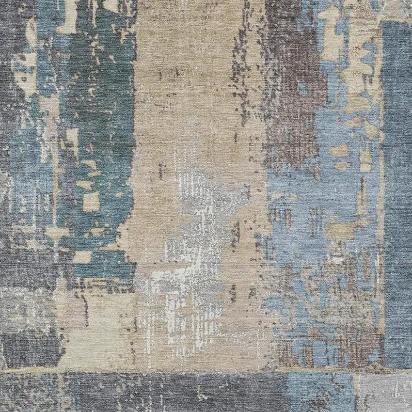 Beige And Denim Blue Abstract Washable Indoor Outdoor Area Rug Photo 3