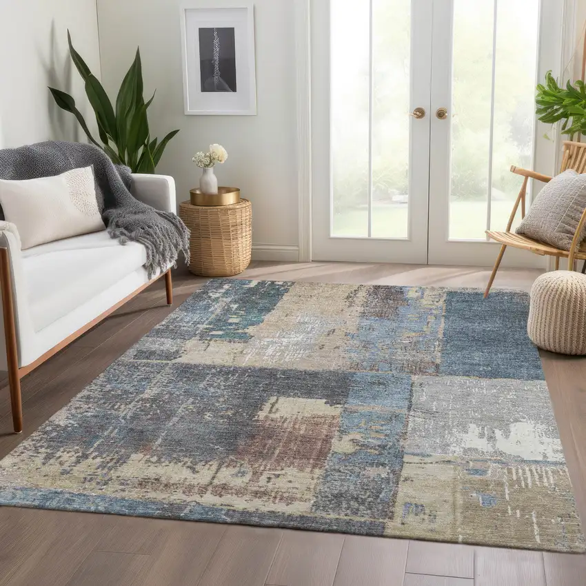 Beige And Denim Blue Abstract Washable Indoor Outdoor Area Rug Photo 7