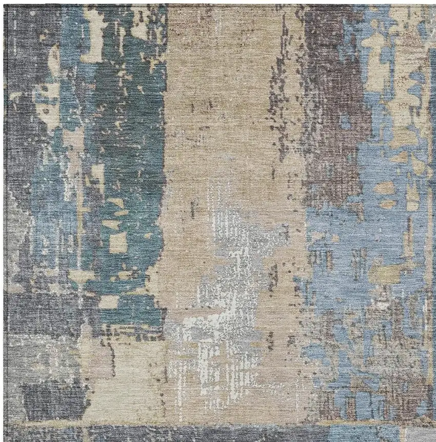 Beige And Denim Blue Abstract Washable Indoor Outdoor Area Rug Photo 4