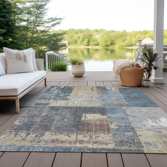 Beige And Denim Blue Abstract Washable Indoor Outdoor Area Rug Photo 5