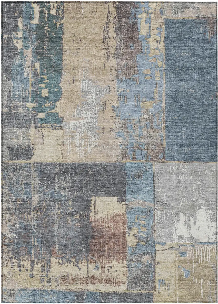 Beige And Denim Blue Abstract Washable Indoor Outdoor Area Rug Photo 1