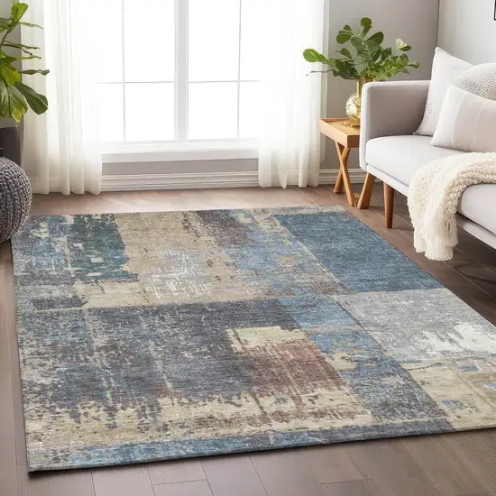 Beige And Denim Blue Abstract Washable Indoor Outdoor Area Rug Photo 6