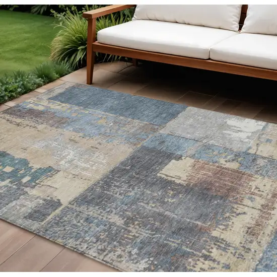 Beige And Denim Blue Abstract Washable Indoor Outdoor Area Rug Photo 2