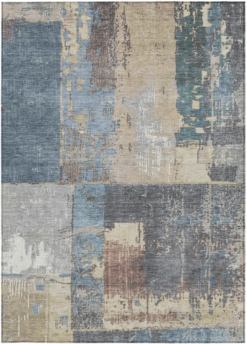 Beige And Denim Blue Abstract Washable Indoor Outdoor Area Rug Photo 3