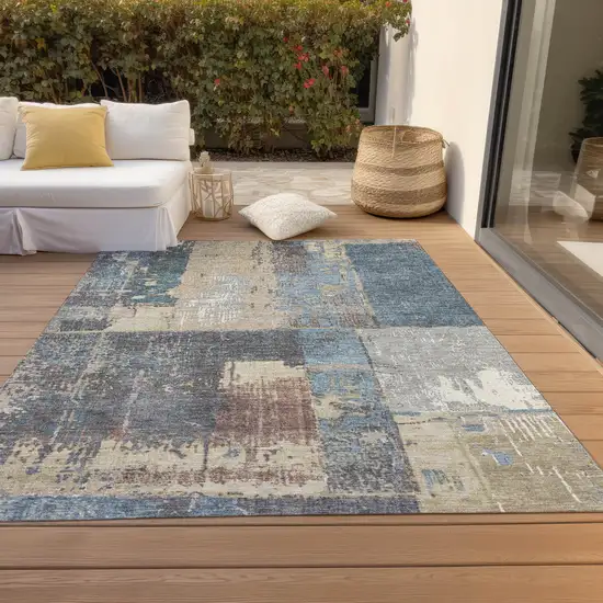 Beige And Denim Blue Abstract Washable Indoor Outdoor Area Rug Photo 8