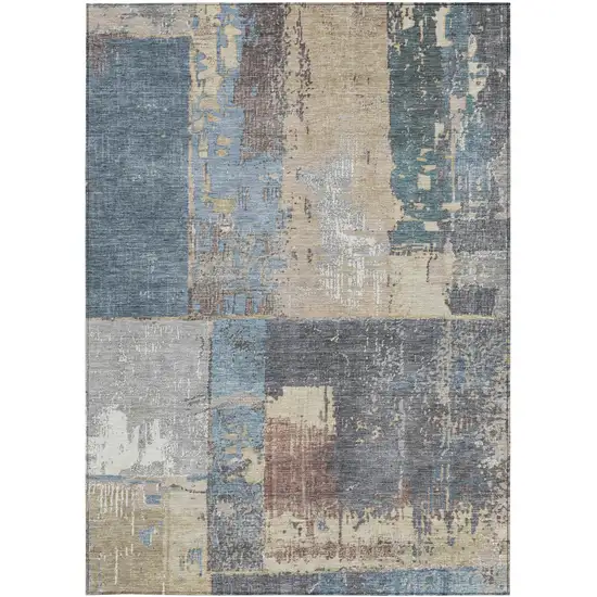 Beige And Denim Blue Abstract Washable Indoor Outdoor Area Rug Photo 3