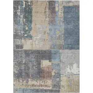 Photo of Beige And Denim Blue Abstract Washable Indoor Outdoor Area Rug