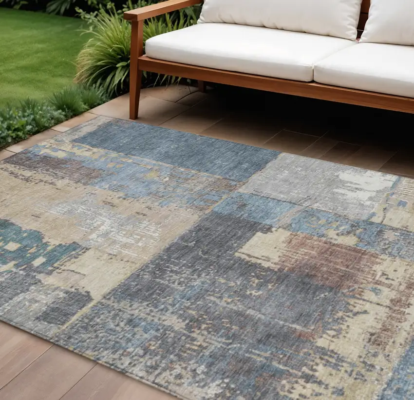 Beige And Denim Blue Abstract Washable Indoor Outdoor Area Rug Photo 2