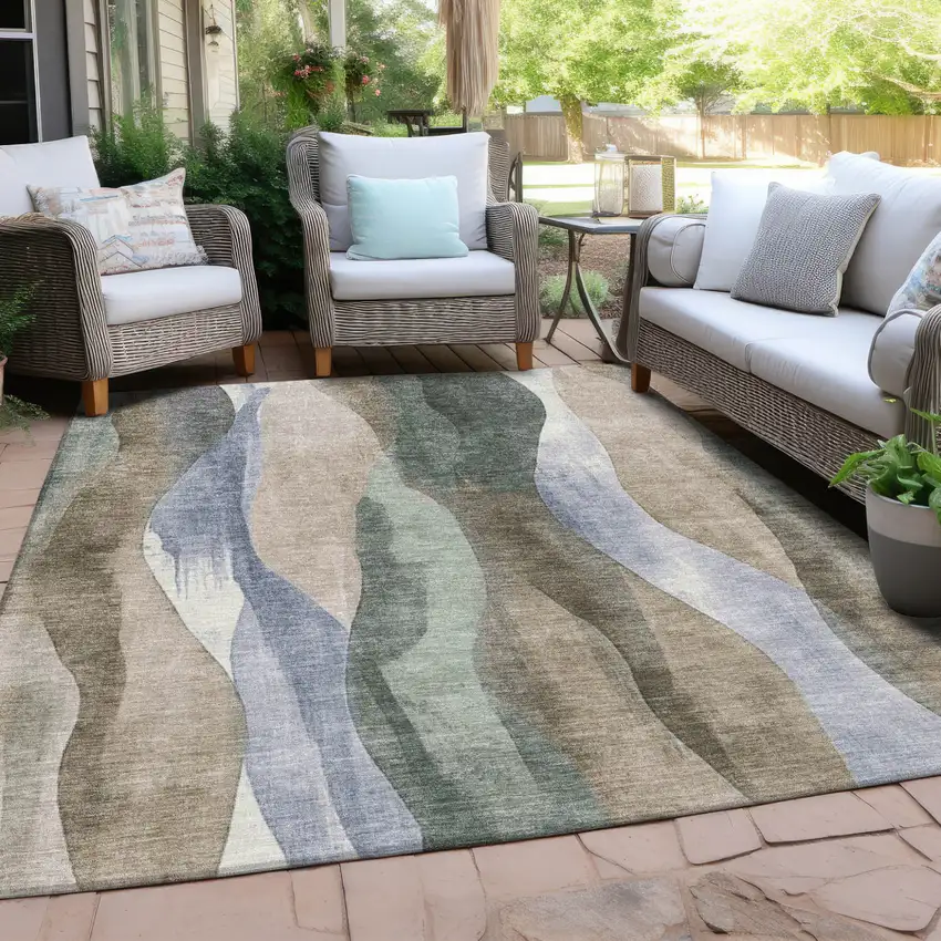 Beige And Denim Blue Abstract Washable Indoor Outdoor Area Rug Photo 4