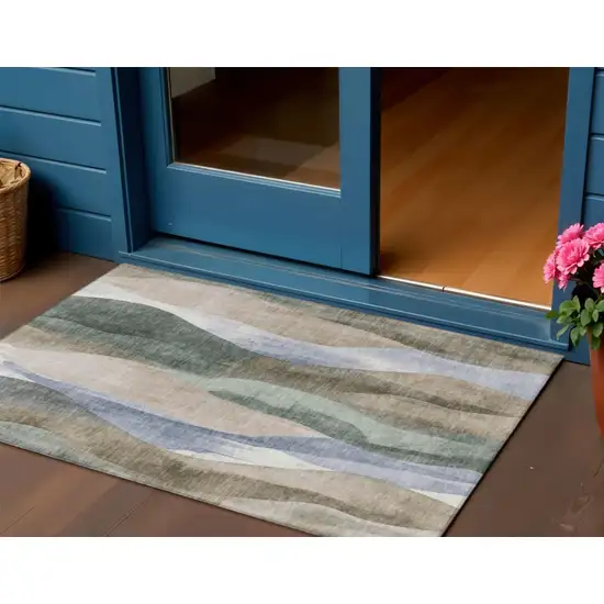 Beige And Denim Blue Abstract Washable Indoor Outdoor Area Rug Photo 2