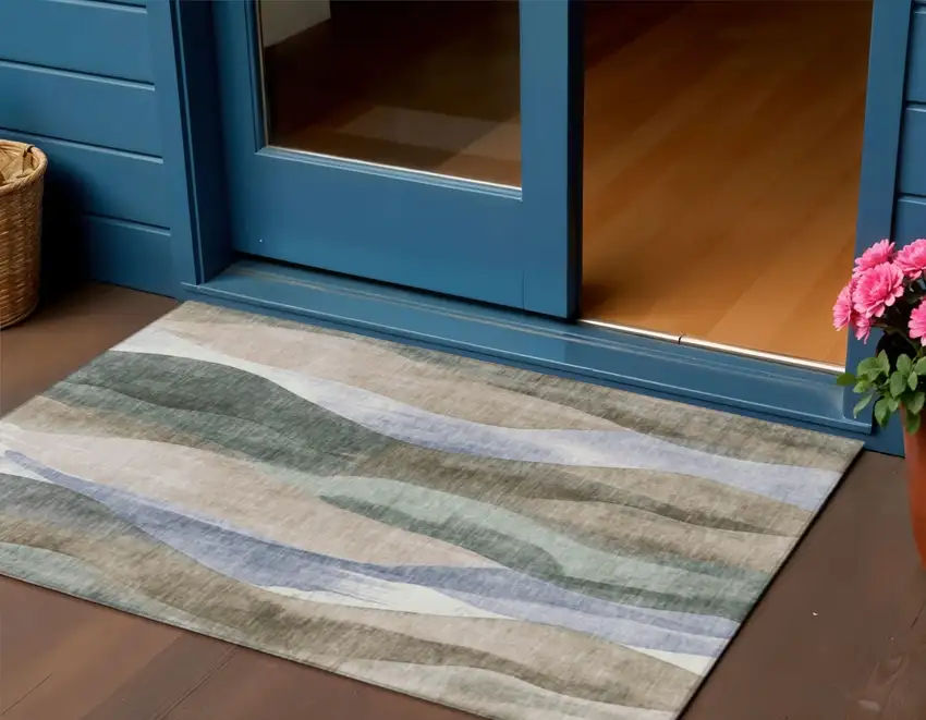 Beige And Denim Blue Abstract Washable Indoor Outdoor Area Rug Photo 2