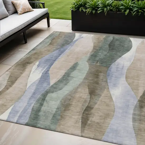 Beige And Denim Blue Abstract Washable Indoor Outdoor Area Rug Photo 2