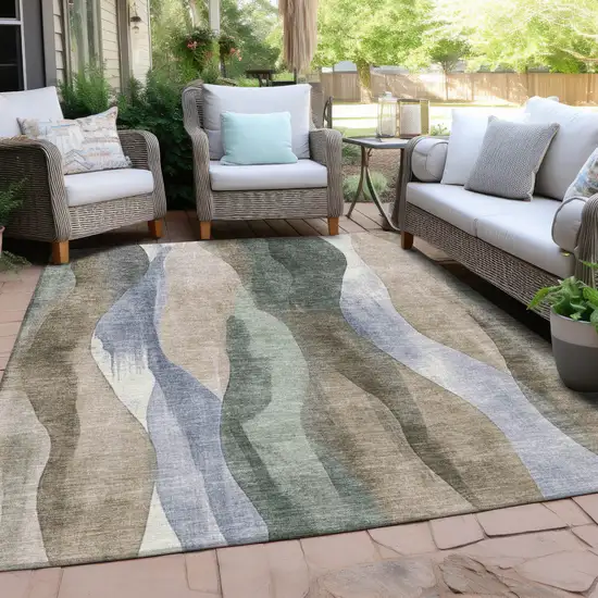 Beige And Denim Blue Abstract Washable Indoor Outdoor Area Rug Photo 3