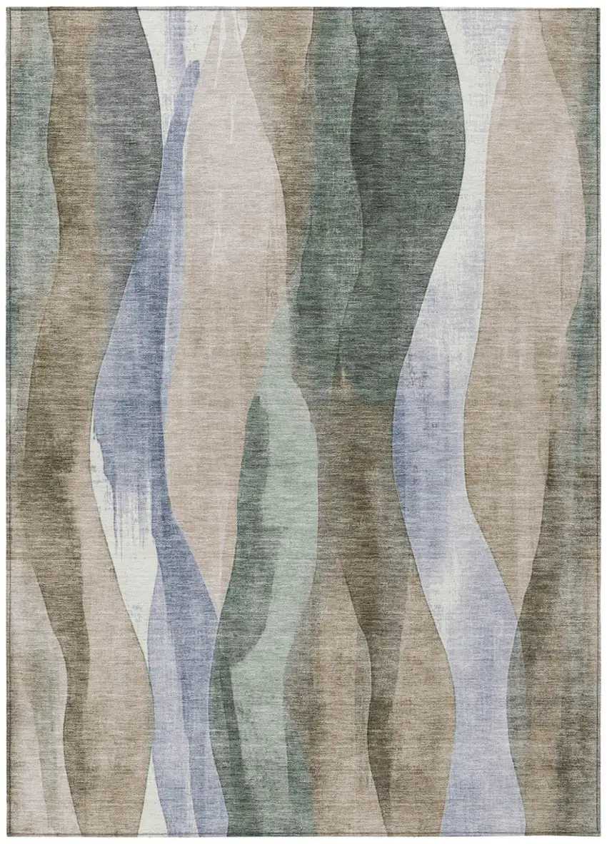 Beige And Denim Blue Abstract Washable Indoor Outdoor Area Rug Photo 8