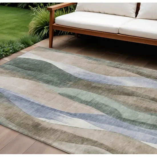 Beige And Denim Blue Abstract Washable Indoor Outdoor Area Rug Photo 2