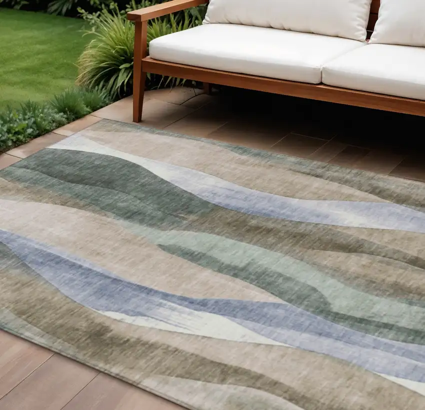 Beige And Denim Blue Abstract Washable Indoor Outdoor Area Rug Photo 2