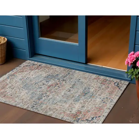 Beige And Denim Blue Medallion Washable Indoor Outdoor Area Rug Photo 2