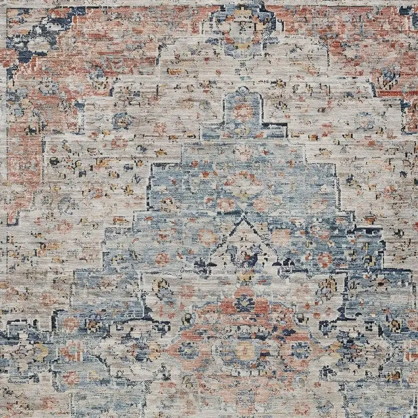 Beige And Denim Blue Medallion Washable Indoor Outdoor Area Rug Photo 3