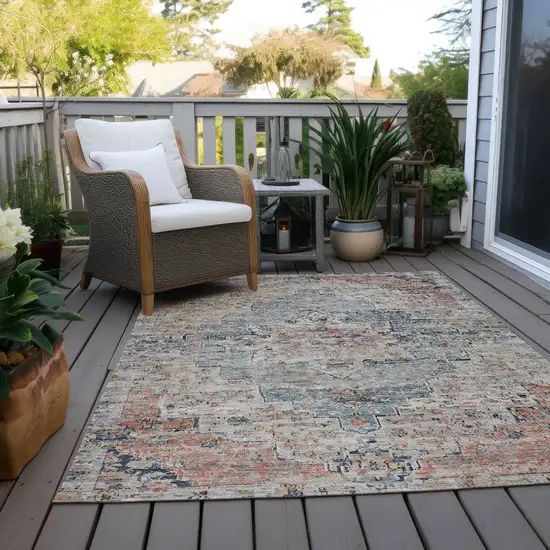 Beige And Denim Blue Medallion Washable Indoor Outdoor Area Rug Photo 8