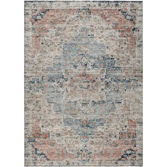 Beige And Denim Blue Medallion Washable Indoor Outdoor Area Rug Photo 1